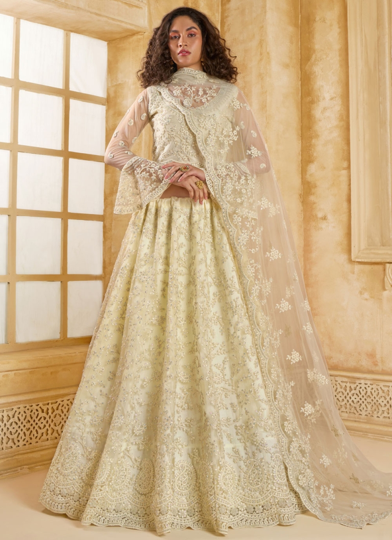 Stone Net Trendy Lehenga Choli in Cream