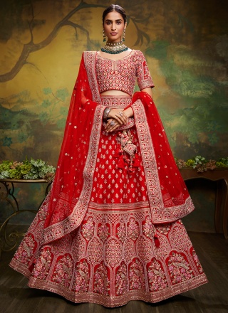 Stone Silk Designer Lehenga Choli in Red