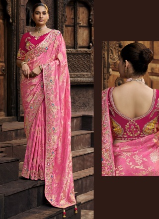 Stone Tissue Trendy Saree in Pink and Rani