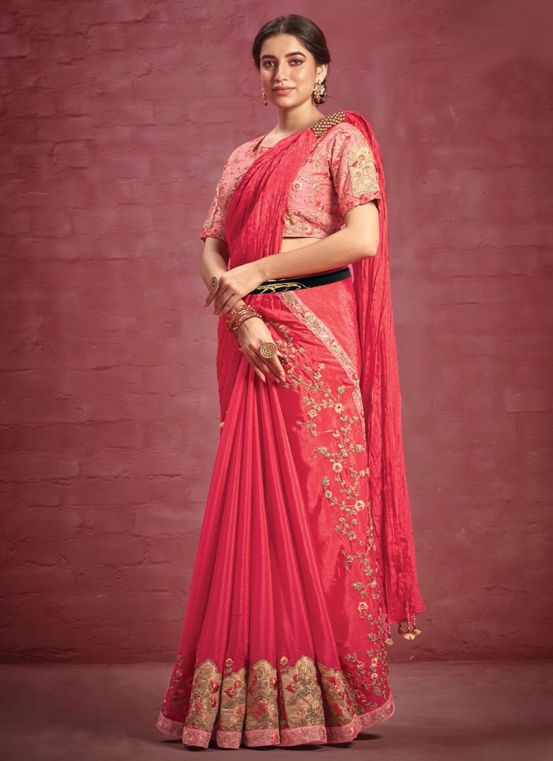 Red crepe saree with peach blouse