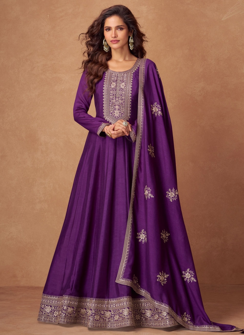 Strange Silk Purple Embroidered Trendy Gown