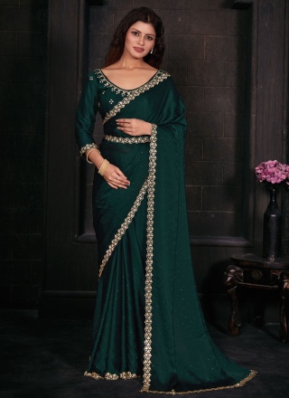 Striking Georgette Satin Green Zircon Classic Saree