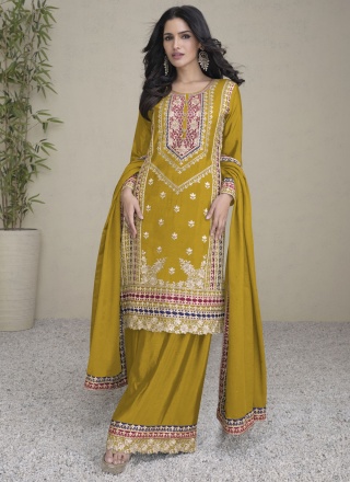 Stunning Embroidered Mustard Chinon Trendy Salwar Kameez