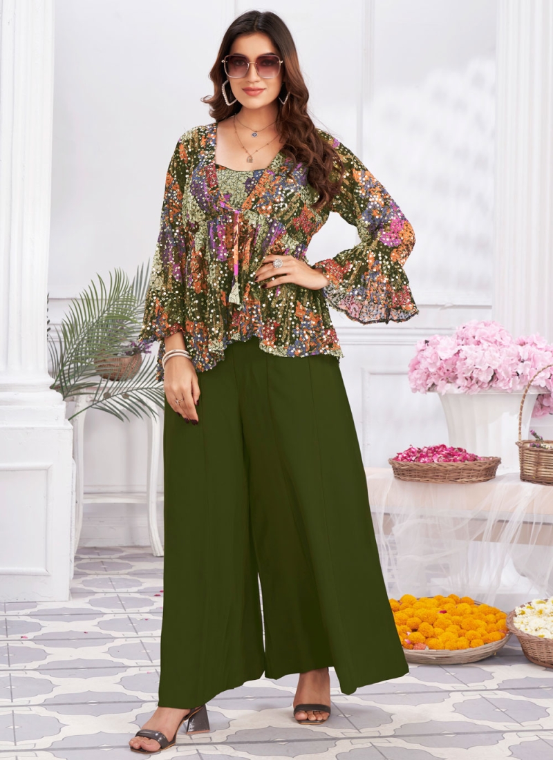 Stunning Georgette Sequins Green Readymade Salwar Suit