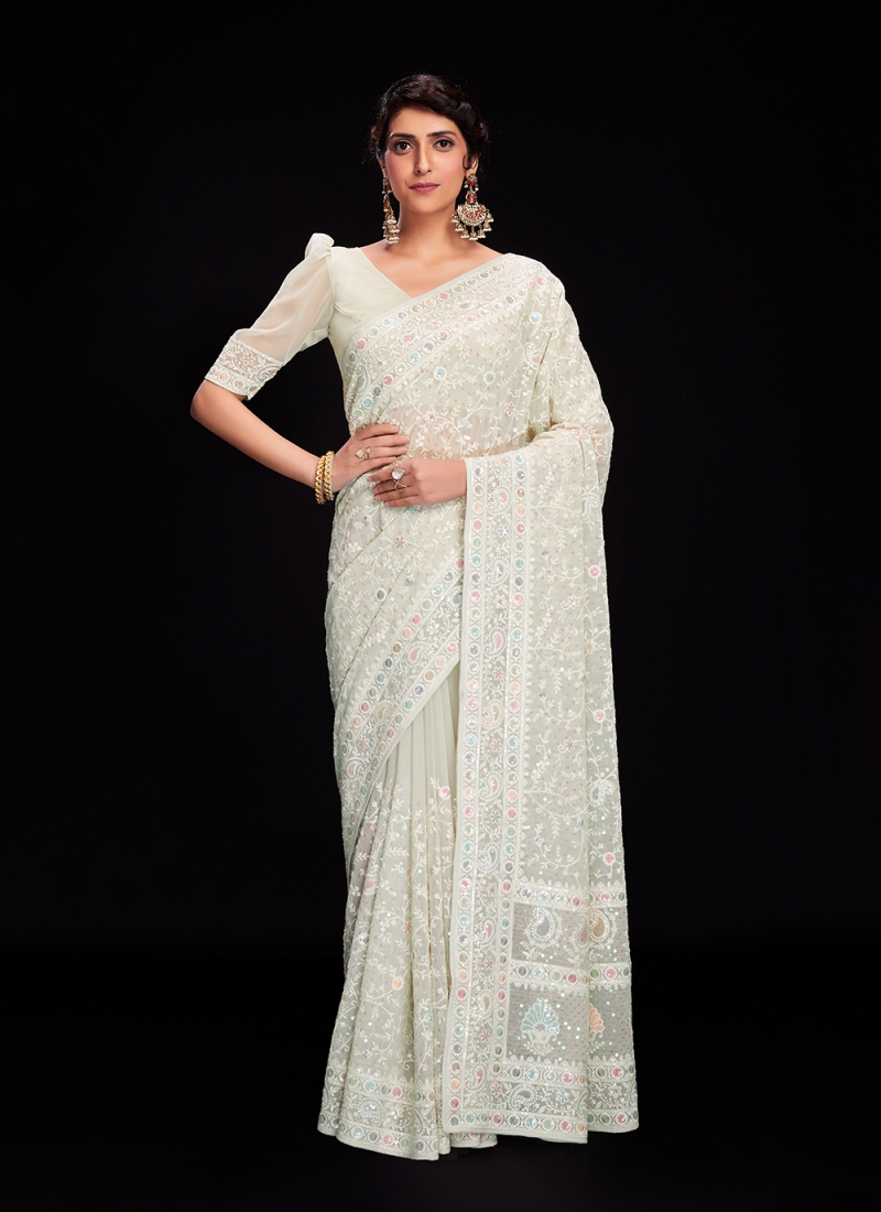 Buy Off White Wedding Georgette Contemporary Saree Online