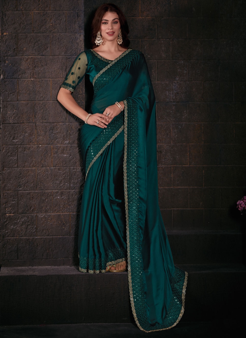 Stupendous Embroidered Chiffon Satin Rama Trendy Saree