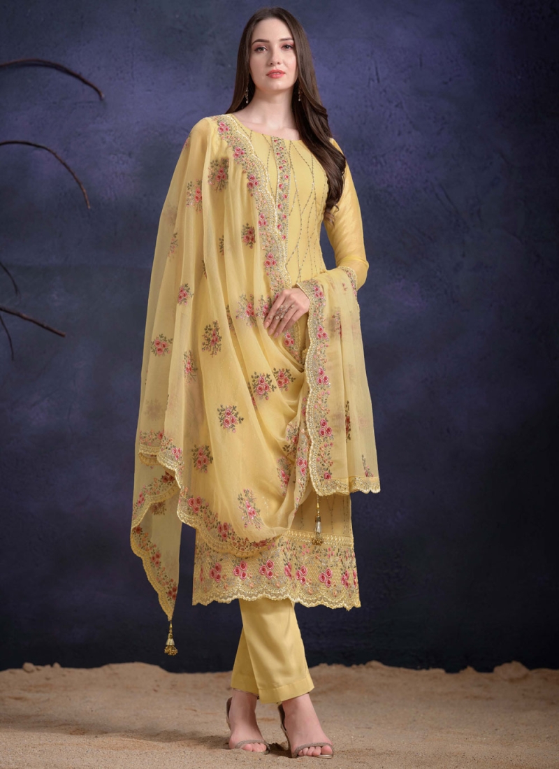 Stupendous Embroidered Yellow Organza Trendy Salwar Kameez