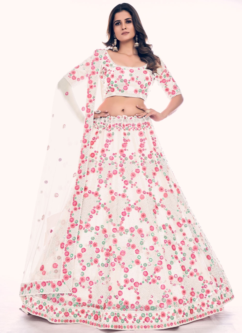 Stylish Cream Net Lehenga Choli With Dupatta Online - DMV8538