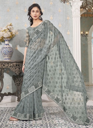 Suave Grey Sequins Faux Georgette Trendy Saree