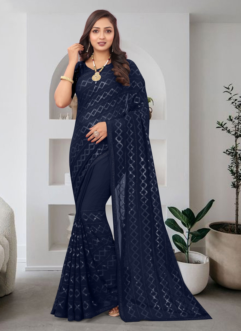 Buy Sensational Navy Blue Color Wedding Saree Online