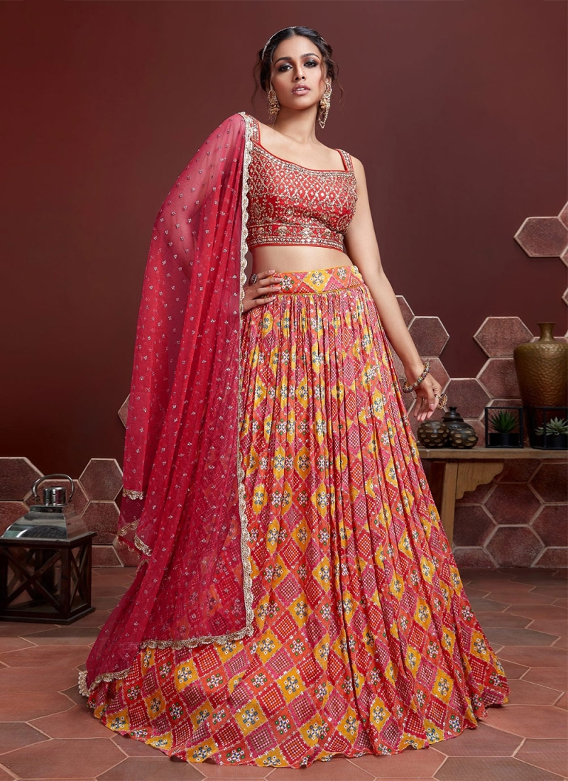 Designer Lehenga Online USA |Gajeri Red Organza Printed Lehenga – Ria  Fashions