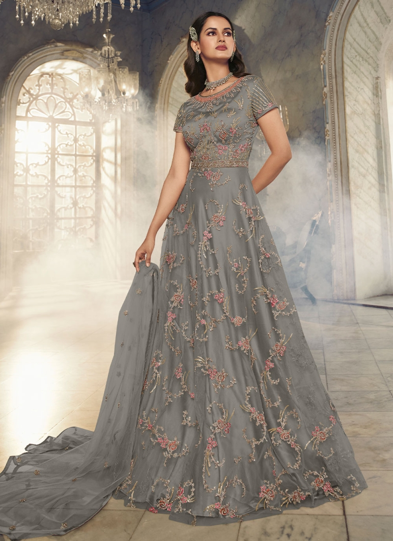 Great Deals Grey Net Gown Suit With Dupatta - Dmv14583