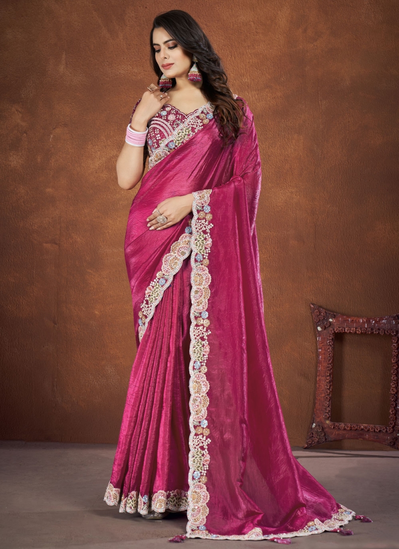 Sumptuous Pink Stone Work Crush Contemporary Saree