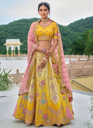 Sumptuous Silk Yellow Thread Trendy Lehenga Choli