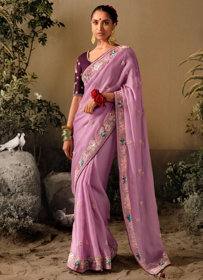 Sunshine Silk Embroidered Purple Trendy Saree