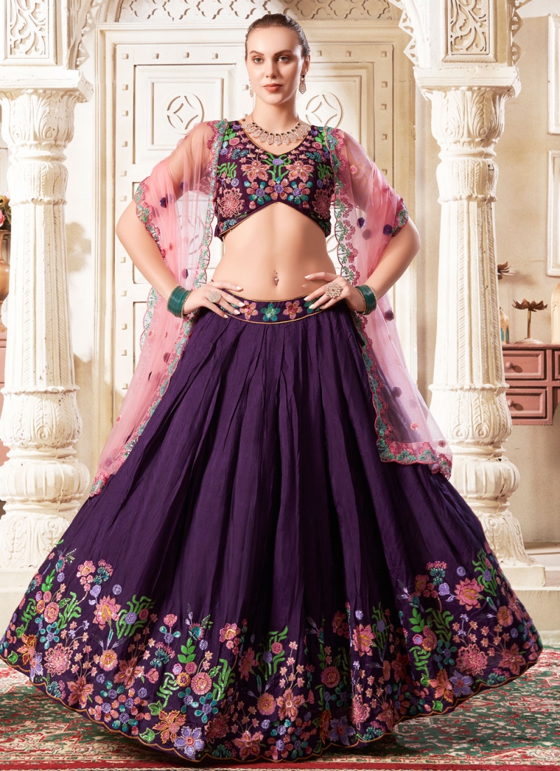 Superb Purple Embroidered Silk Trendy Lehenga Choli