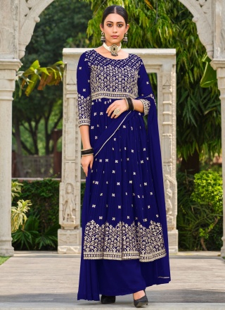 Superlative Sequins Georgette Blue Palazzo Suit