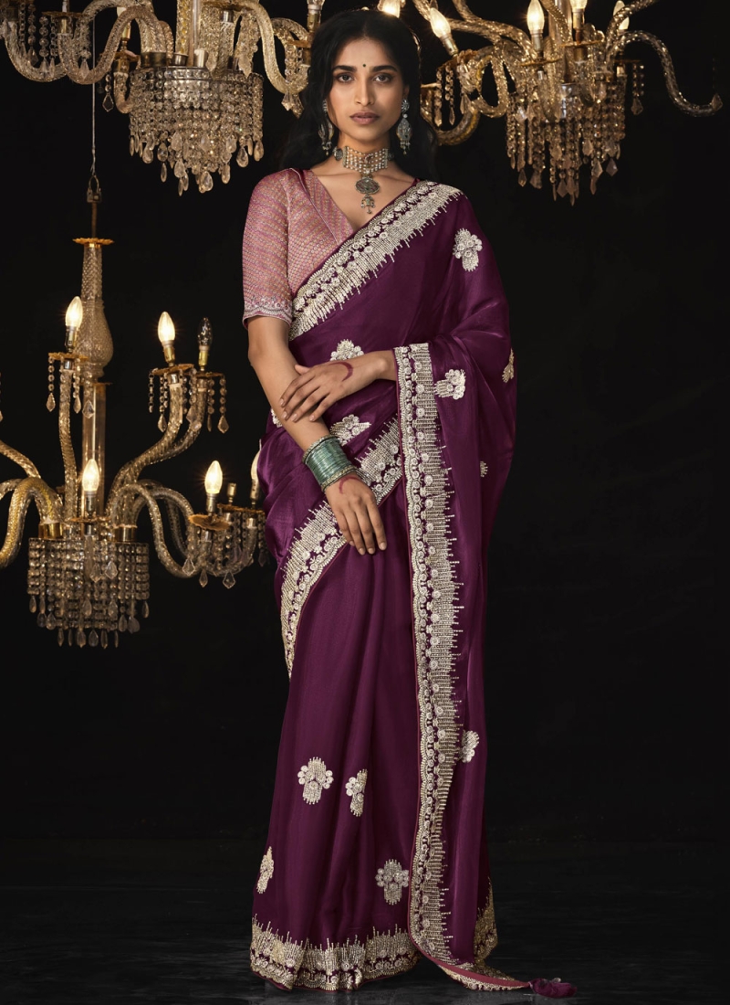 Superlative Tissue Sequins Purple Contemporary Saree