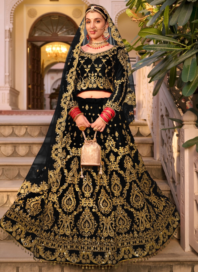 Superlative Velvet Embroidered Black A Line Lehenga Choli