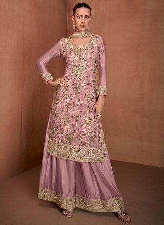 Surpassing Chinon Embroidered Pink Readymade Salwar Kameez