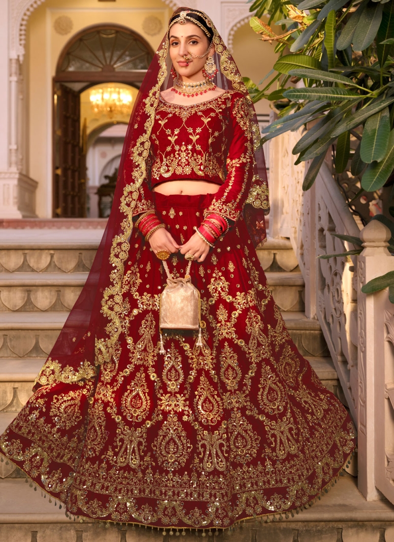 Surpassing Embroidered Velvet Maroon Lehenga Choli