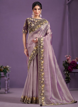 Swanky Lavender Sequins Glass Tissue Designer Saree