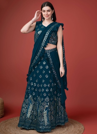 Buy Aqua green knitted net wedding lehenga saree in UK, USA and Canada |  Saree designs, Lehenga saree, Lehenga style saree
