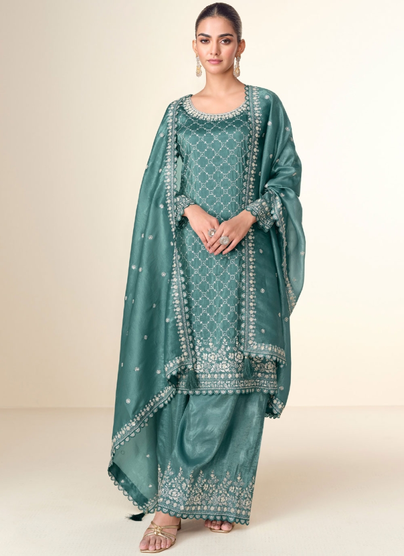 Teal Party Chinon Designer Salwar Kameez