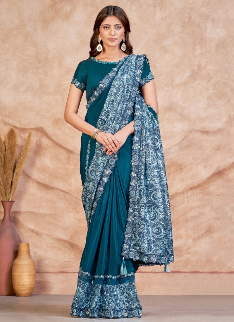 Teal Sequins Classic Saree