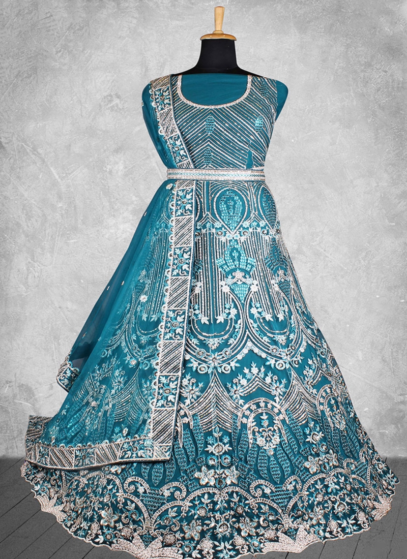 Teal Velvet Bridal Lehenga Choli