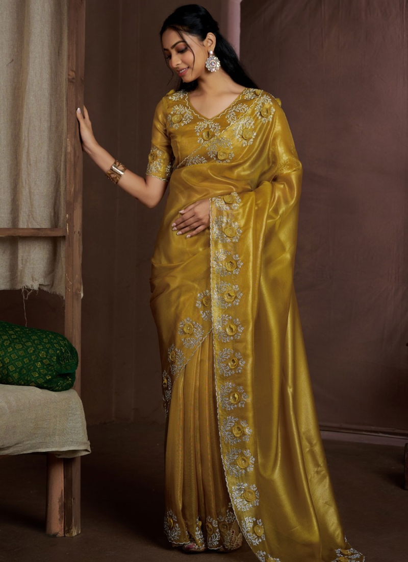 Tempting Swarovski Mustard Fancy Fabric Designer Saree