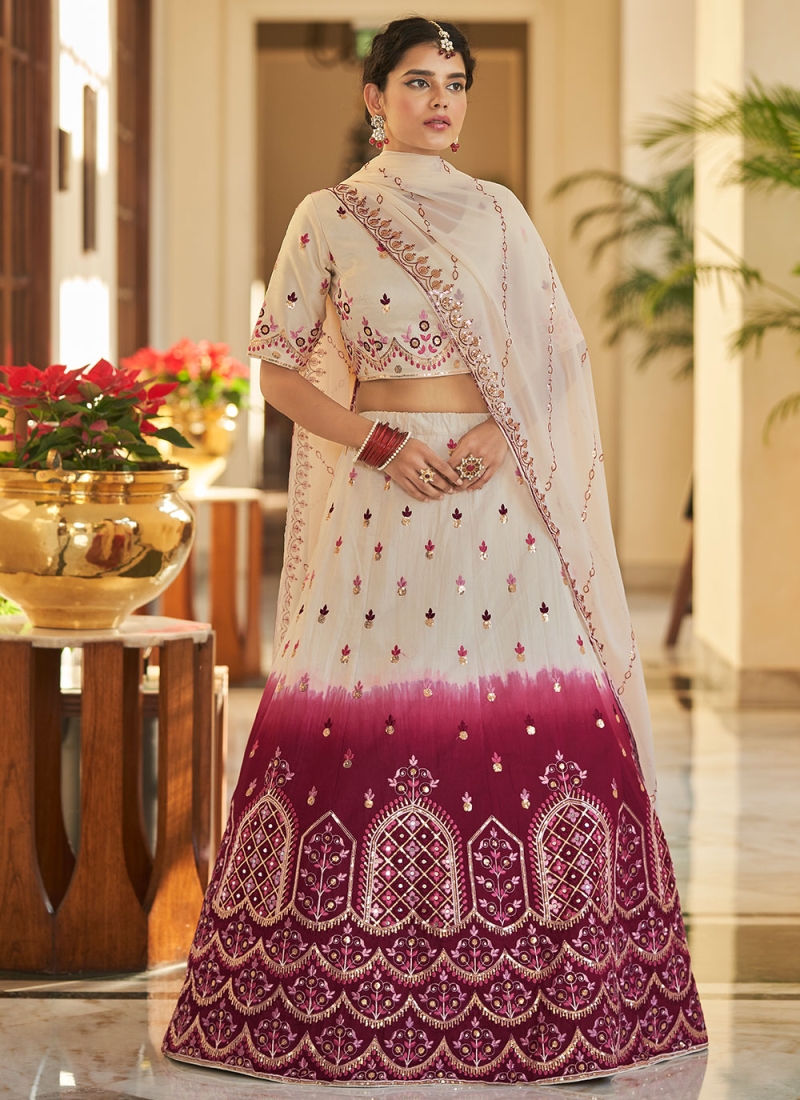 Stylish Mirror Embroidered Lehenga In Wine Color