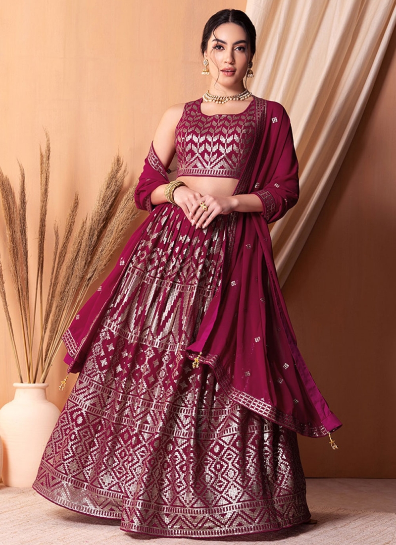 Thread Georgette Lehenga Choli in Maroon and Rani