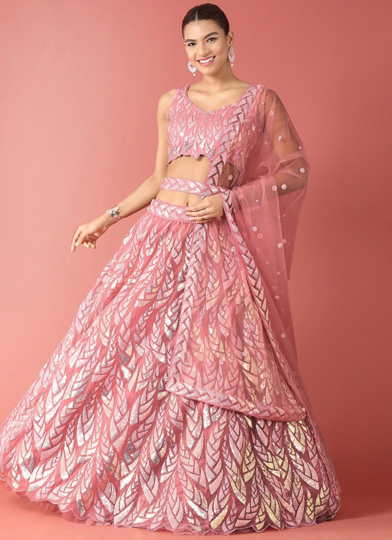 Thread Net Lehenga Choli in Pink