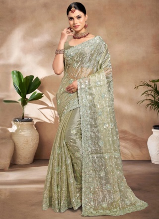 Thrilling Green Embroidered Contemporary Saree