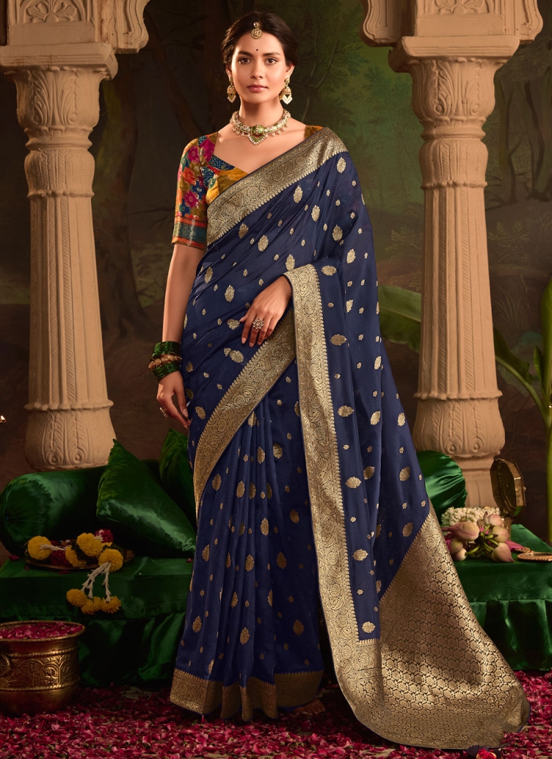 Thrilling Navy Blue Weaving Classic Saree