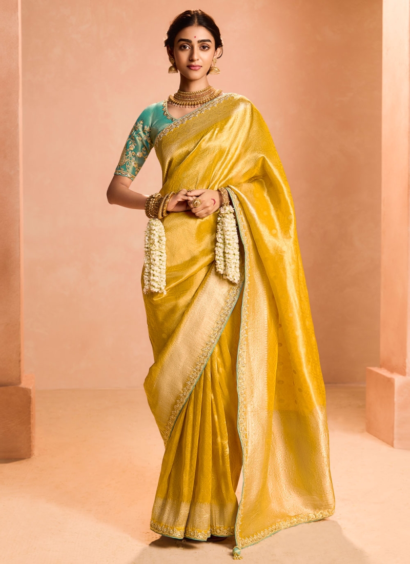 Tissue Embroidered Classic Saree in Yellow