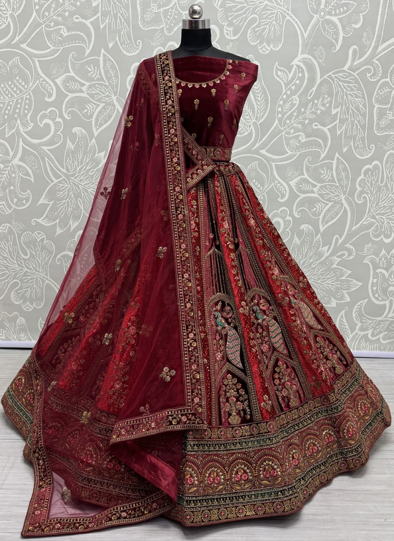 Titillating Maroon Velvet Lehenga Choli