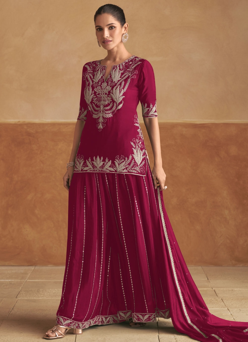 Topnotch Embroidered Chinon Maroon and Rani Palazzo Salwar Kameez