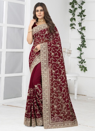 Wedding Maroon Colour Saree Pure Chinon Fabric| Classy Saree Design 2022