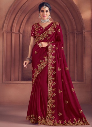 Traditional Saree Embroidered Art Silk in Maroon and Rani