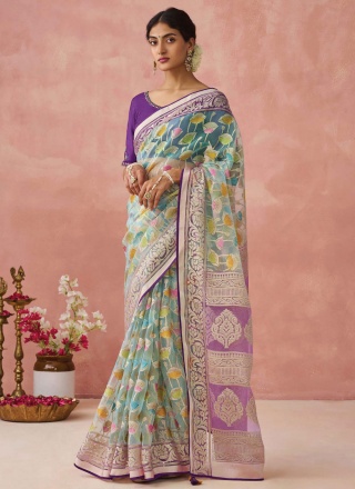 Traditional Saree Print Brasso in Lavender