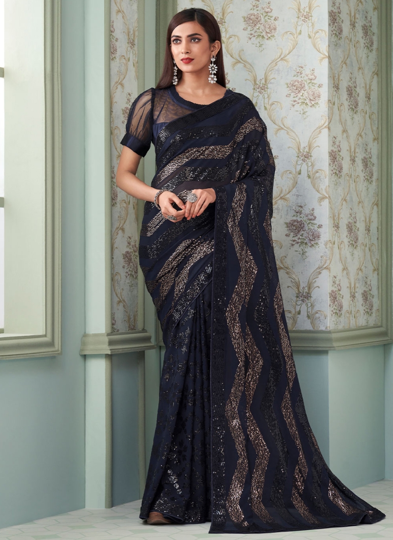 Soft printed Georgette Saree with stone work and zari border – Yes We Shop