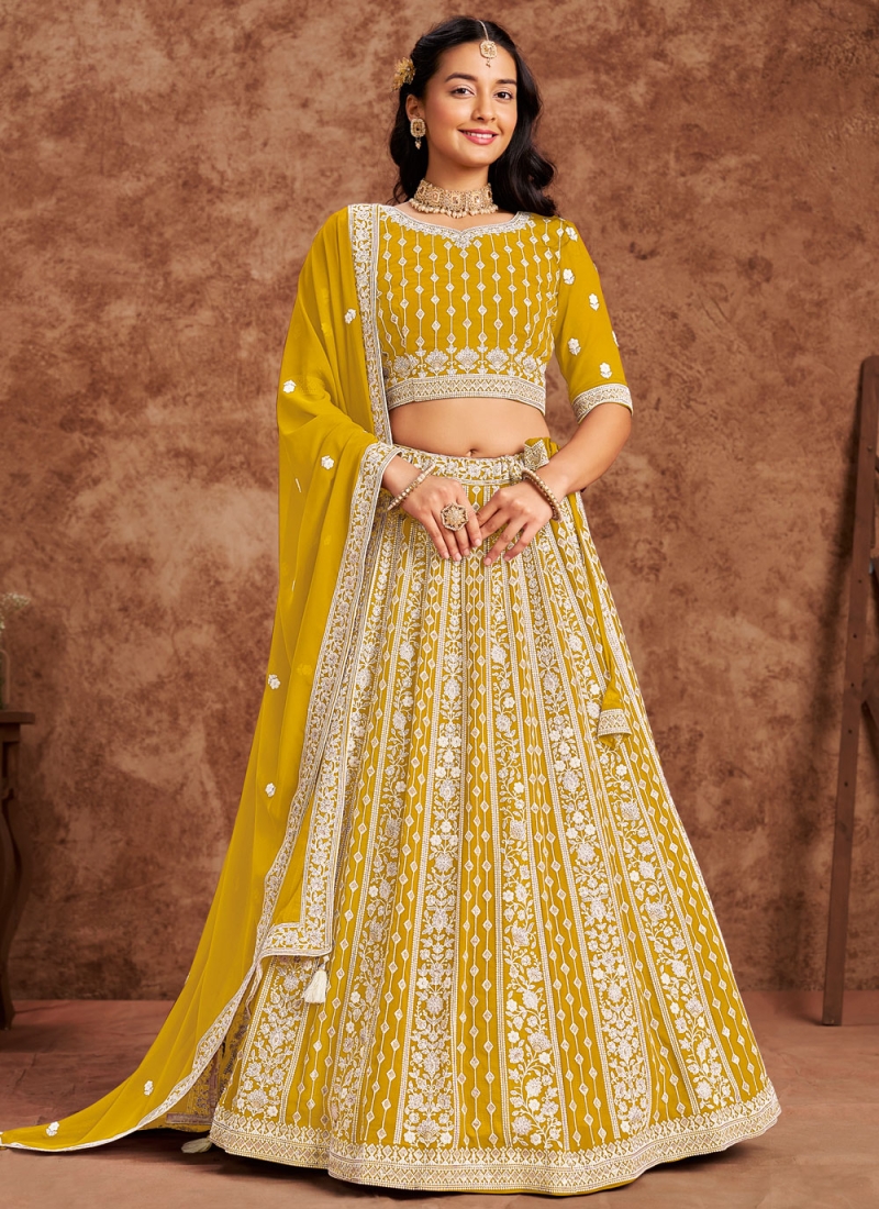 Trendy Lehenga Choli Embroidered Faux Georgette in Yellow