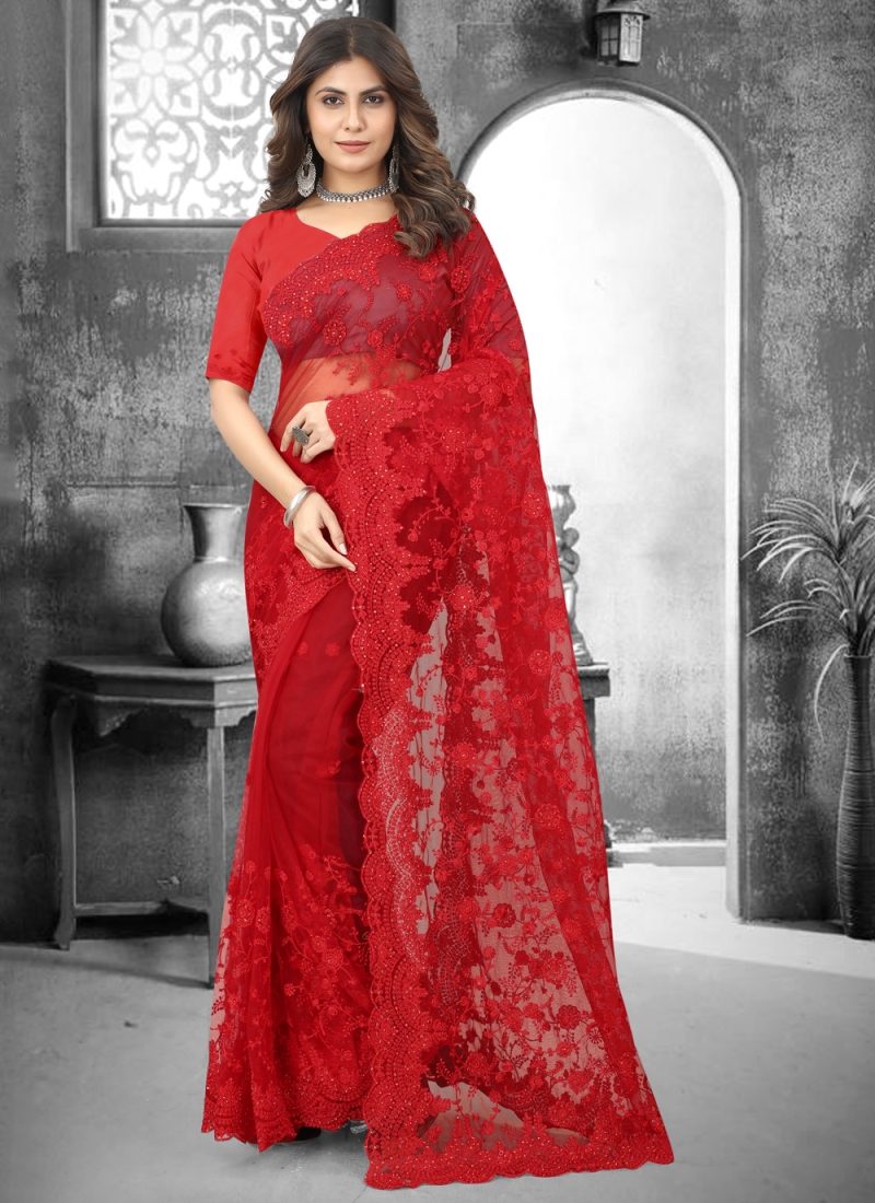 Designer Red Silk Saree Matching Blouse