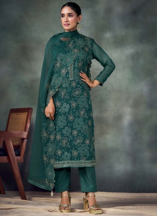 Trendy Salwar Kameez Embroidered Chiffon in Teal