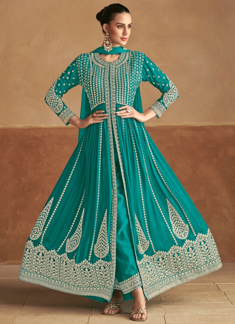 Trendy Salwar Kameez Embroidered Chinon in Rama