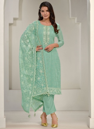 Trendy Salwar Kameez Embroidered Organza in Sea Green