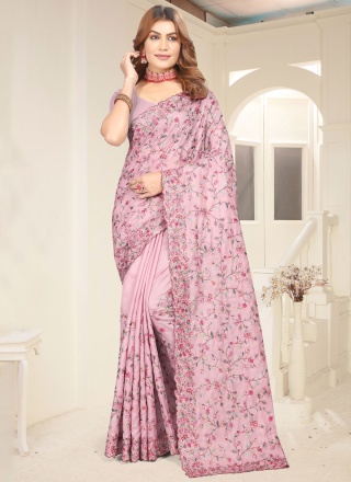 Tussar Silk Embroidered Classic Saree in Lavender and Pink