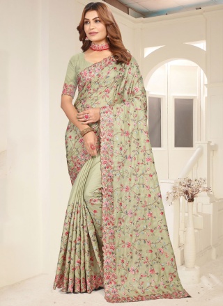 Tussar Silk Embroidered Trendy Saree in Sea Green